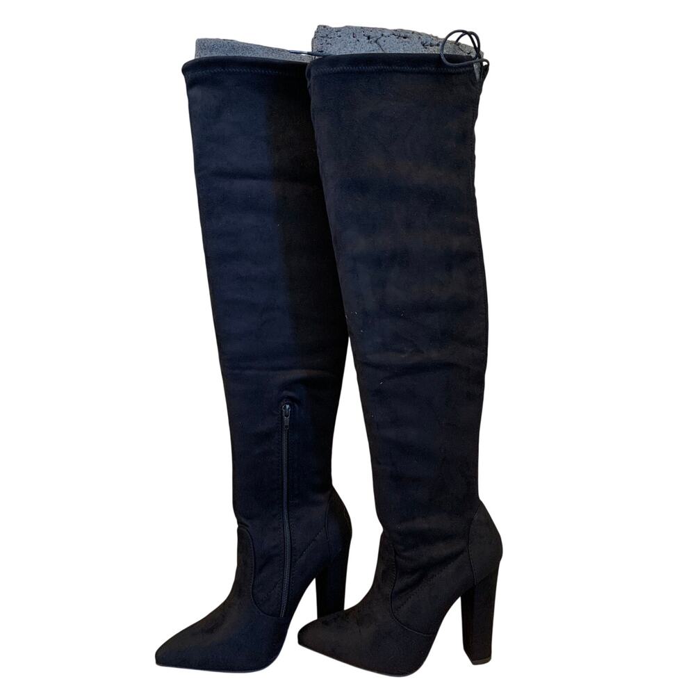 NIB JustFab "Cara" Black Material Thigh-High Boots 4.25" Block Heel  Never Worn